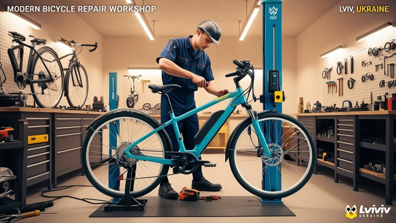Майстер виконує ремонт електровелосипеда у Львові в сервісному центрі