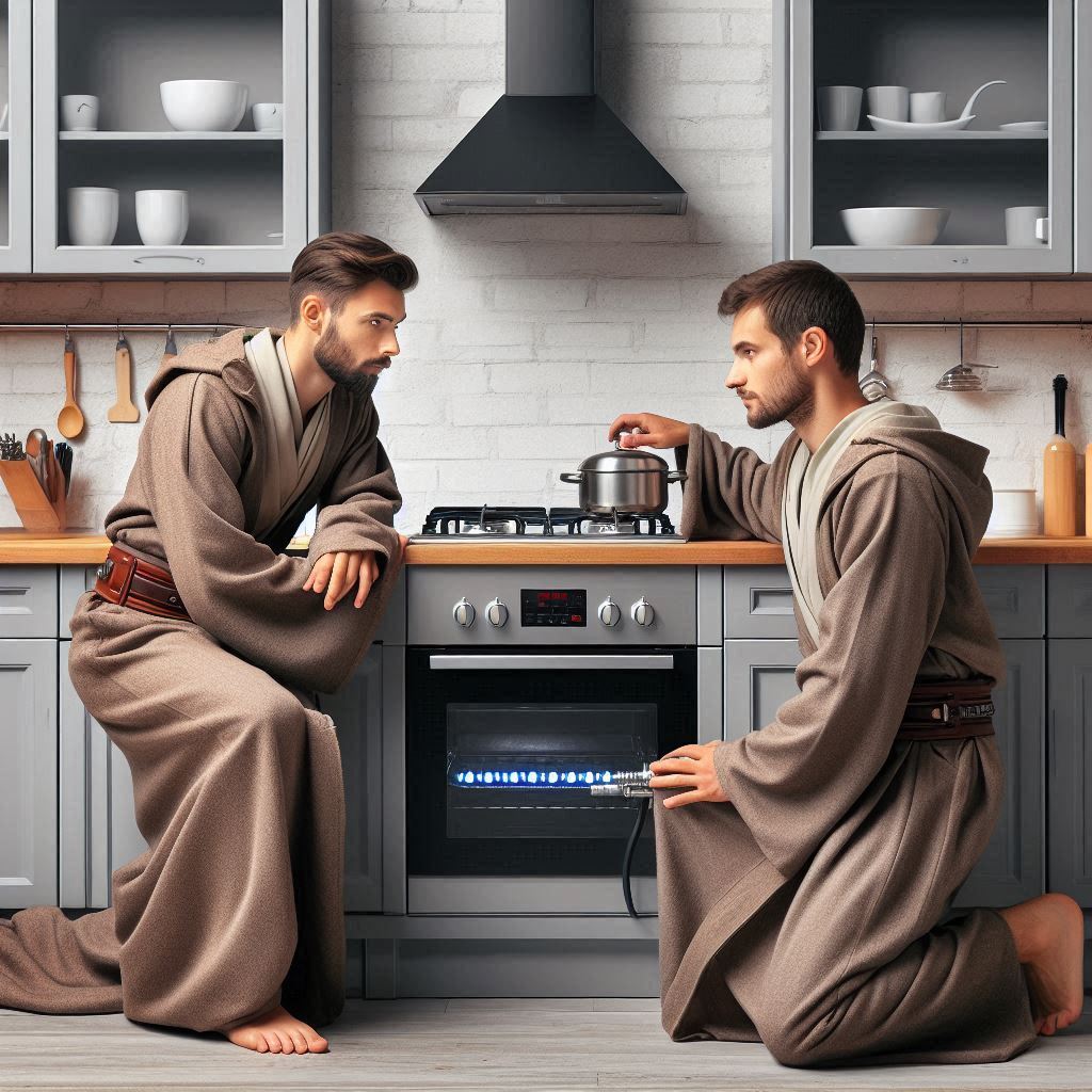 Майстер підключає газову плиту на кухні у Львові